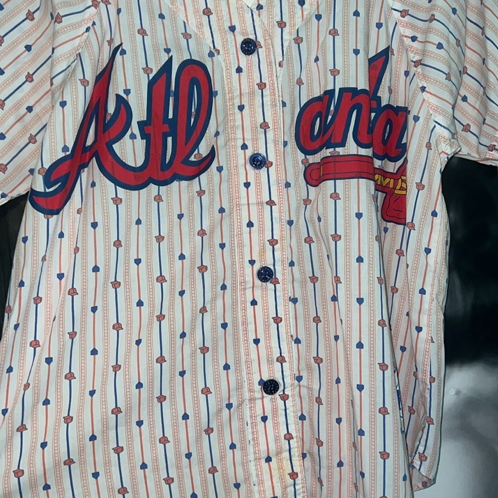 Vintage Retro Altlana Braves Button-Up Striped Graphic Shirt